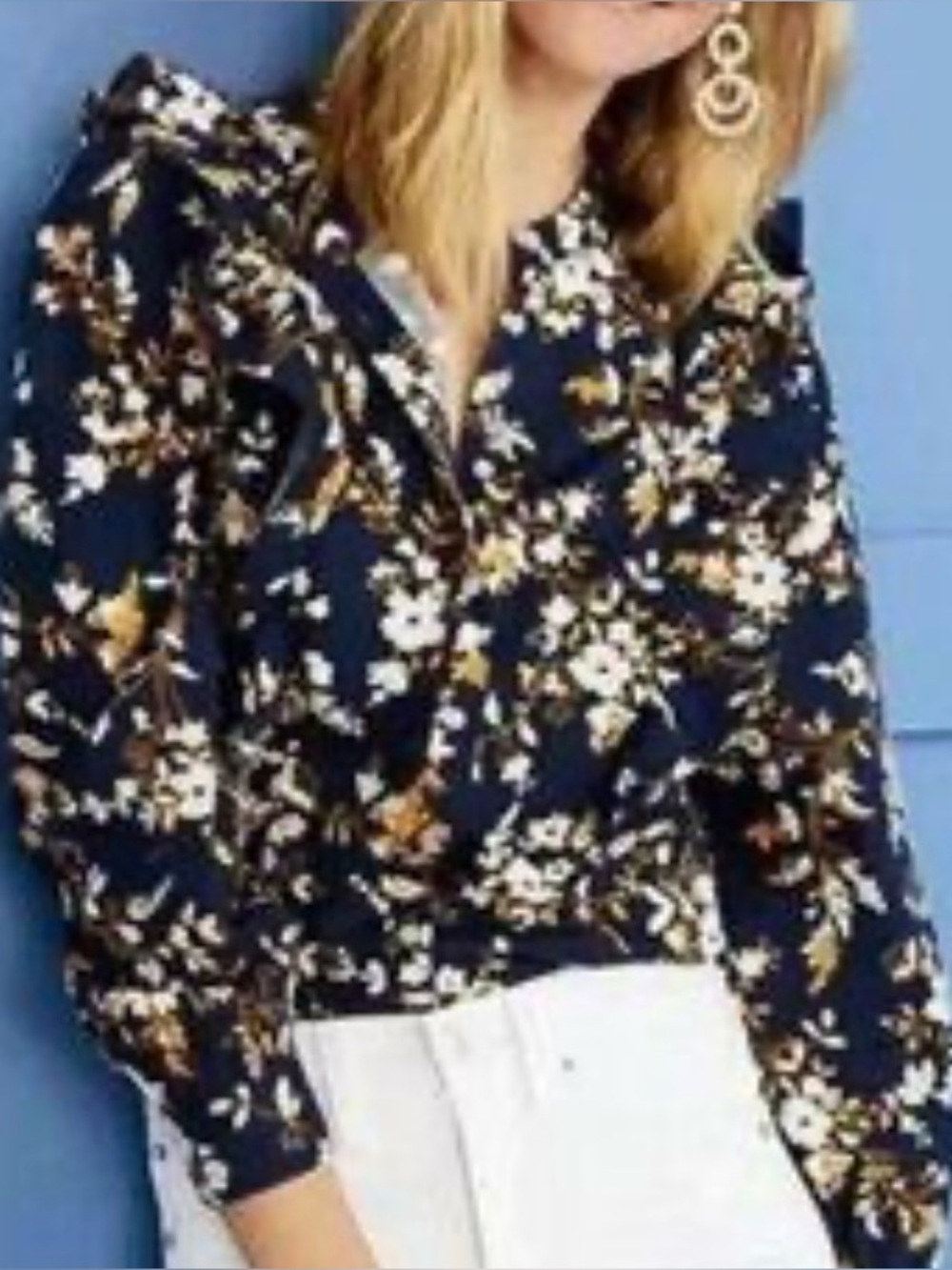 J.Crew Factory Navy Floral Ruffle Over Shoulder Button Blouse Top XL